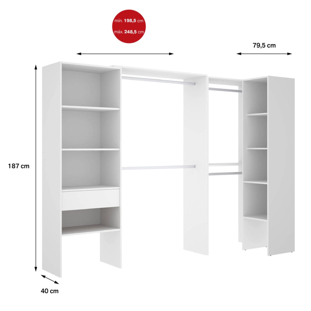 Guardaroba grande Florita, Mobile camera da letto, Cabina armadio portabiti, Armadio appendiabiti, 248x79 h187 cm, Bianco