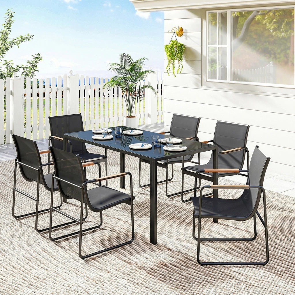 Set Pranzo Giardino 7 Pezzi 6 Persone ¨C Xylo ¨C Tavolo Vetro Sedie Acciaio Nero