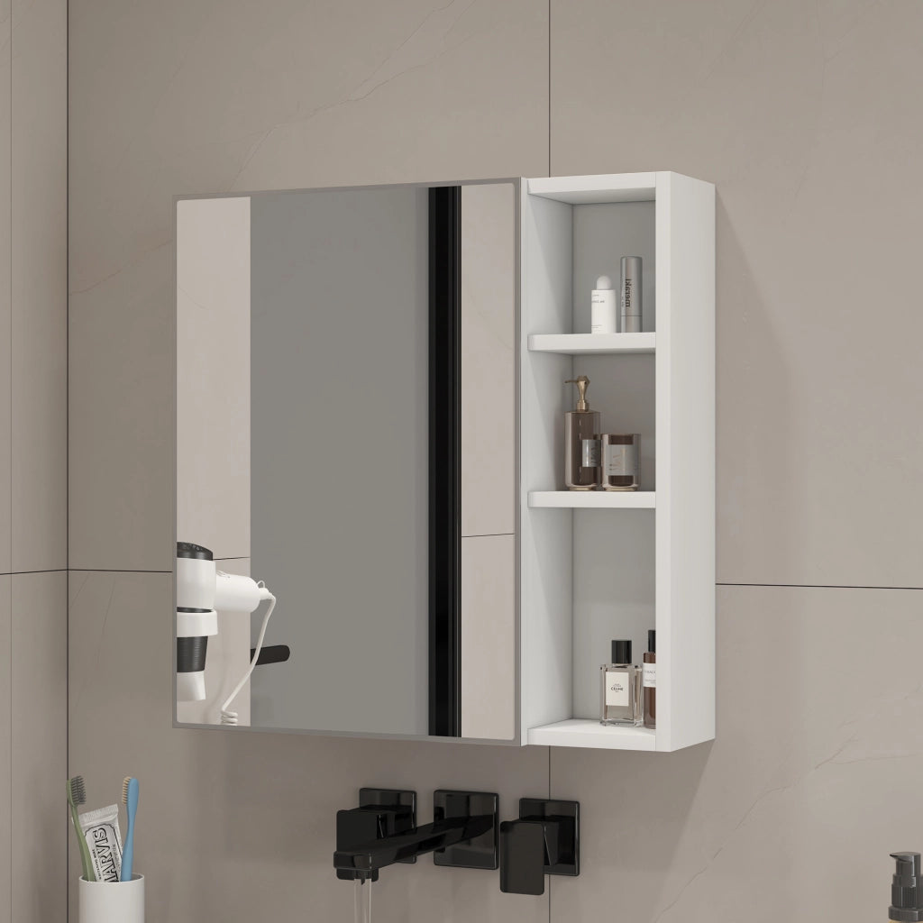 [Mobiletto a specchio da parete semplice] 55 ¡Á 56 cm, montaggio a parete, pannello in HDF bianco + anta in vetro a specchio di sicurezza, vano conteni