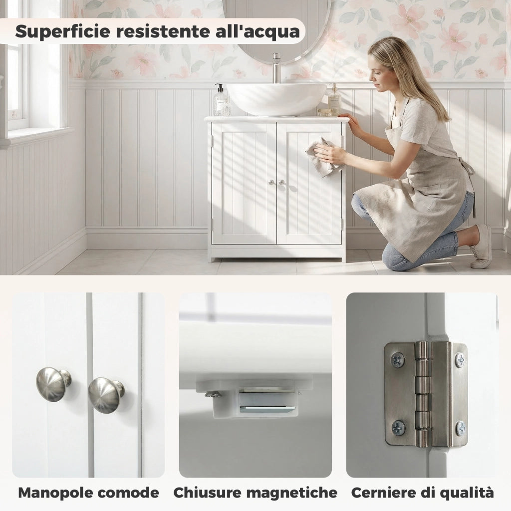 Mobile Sottolavabo a 2 Ante con Ripiano Regolabile ¨C Zephmum ¨C Bianco 60x30x60 cm