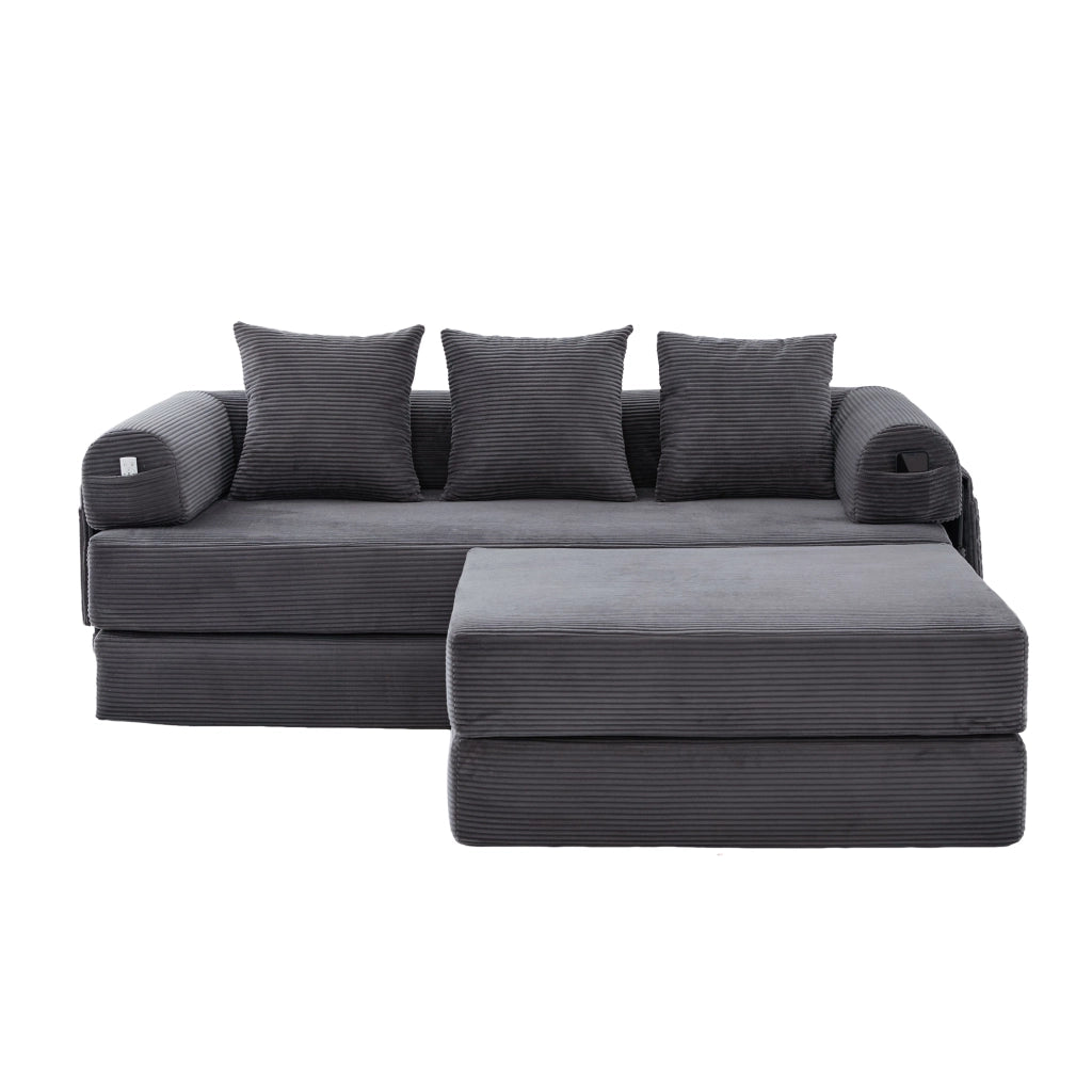 Divano modulare in velluto a coste con pouf, 3 cuscini e tasca laterale, grigio scuro