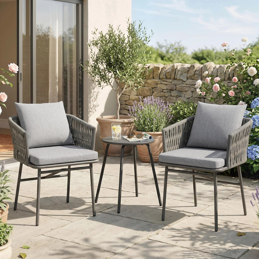 Set bistrot giardino 3 pezzi con cuscini ¨C Xylo ¨C 2 sedie + 1 tavolo, rattan, telaio acciaio, grigio
