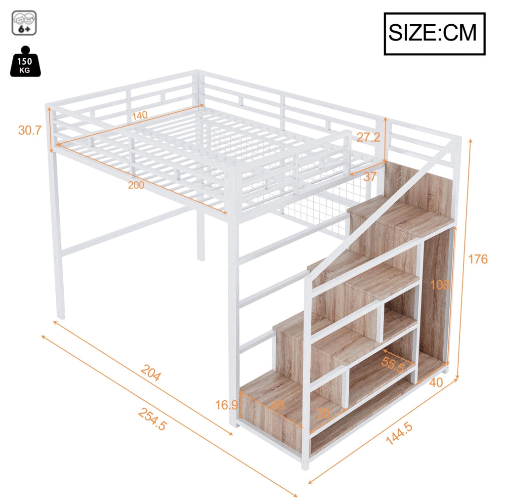 Letto a soppalco 140x200 cm in metallo bianco con scala contenitore; griglia portaoggetti e LED 7 colori