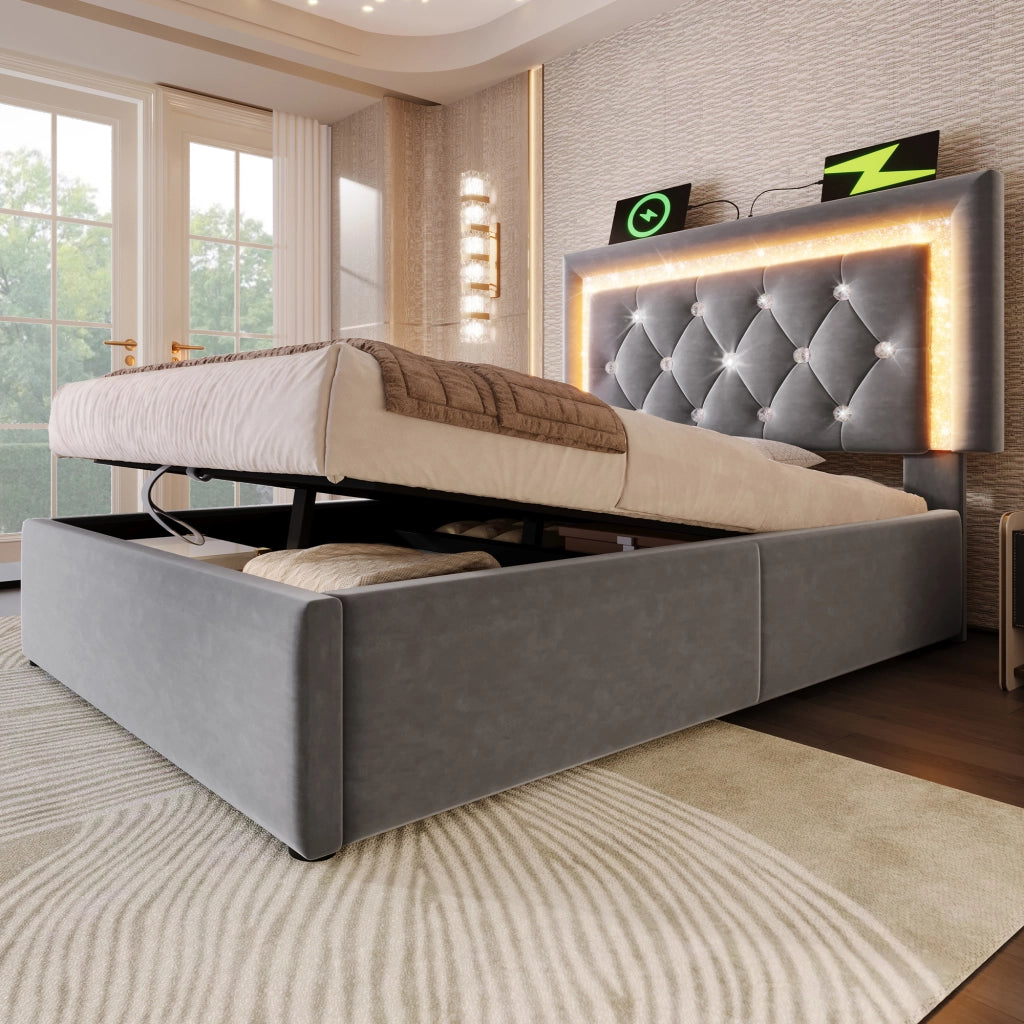 Letto imbottito idraulico con luci LED e porta USB 90x200 cm velluto grigio