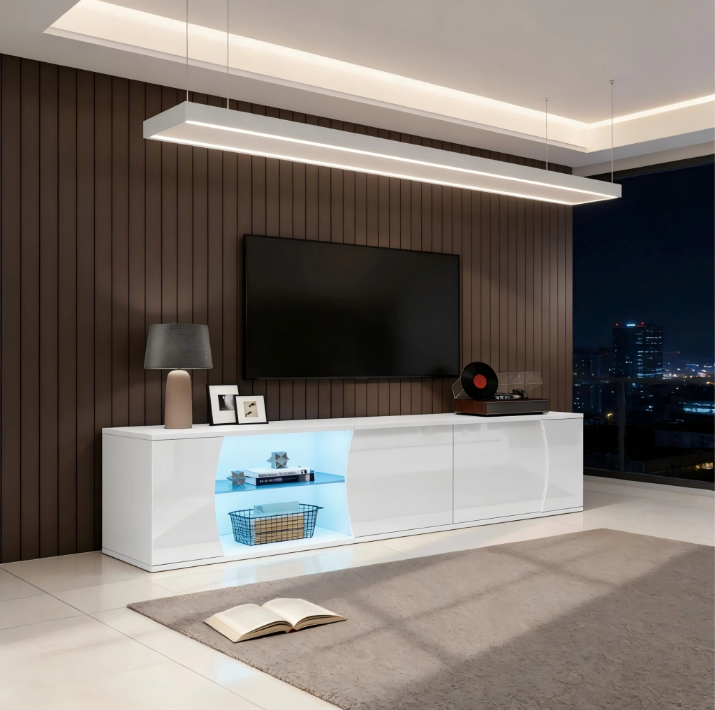 Mobile TV 180x40x45 cm con 3 ante e LED in truciolato bianco
