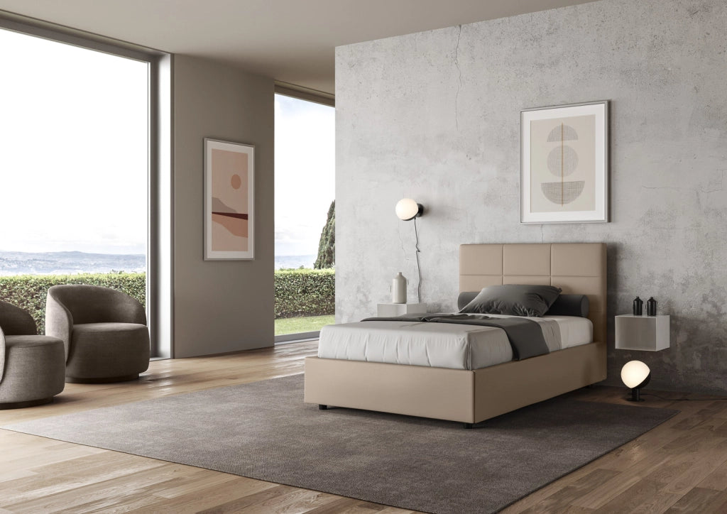 BS COM Letto una piazza e mezza contenitore imbottito 130x200 similpelle tortora