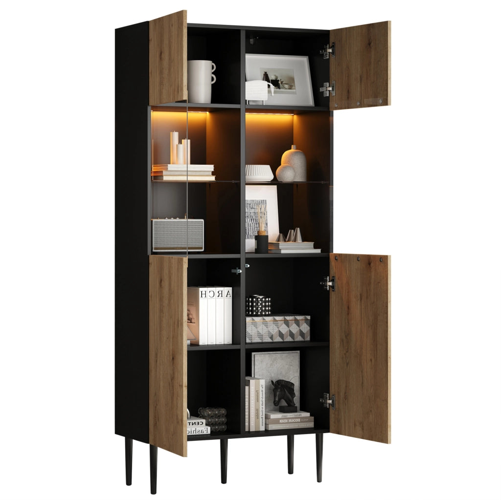 Vetrina 80x35x180 cm con illuminazione LED e 10 vani in MDF nero e naturale