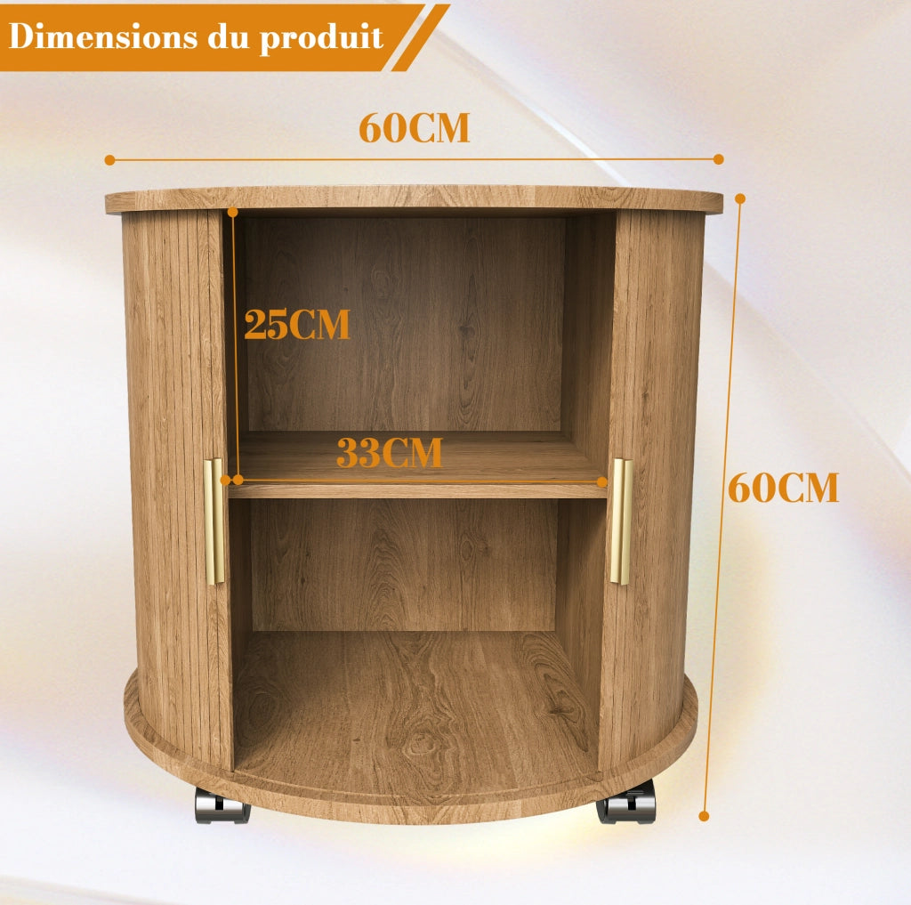 Tavolino da notte cilindrico in stile Mid-Century con stazione di ricarica; anta scorrevole; rovere; 60x60 cm