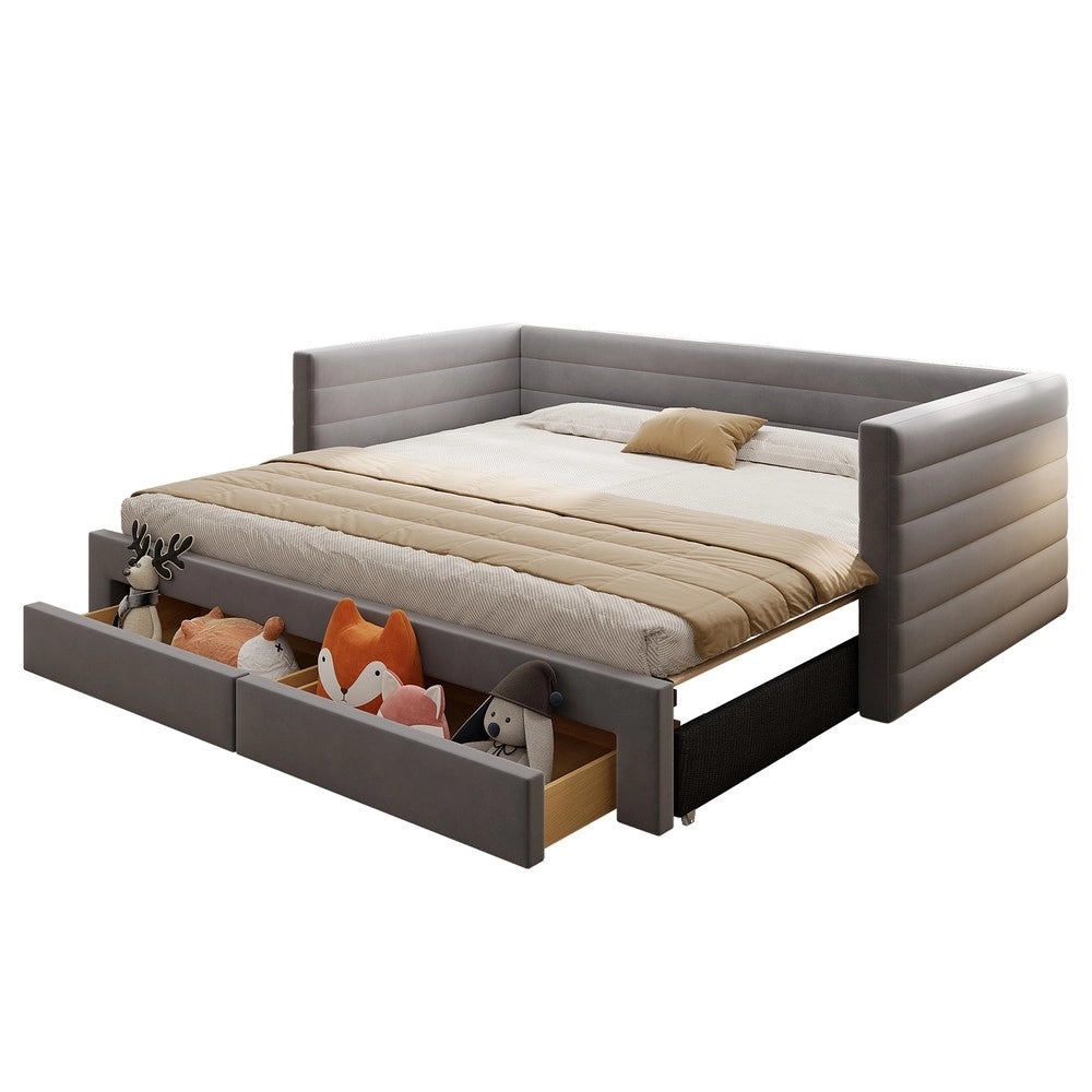 Letto Imbottito Estraibile 3 in 1 con Cassetti e Doghe ¨C MINIMAL ¨C Grigio 90x190 Cotone Lino