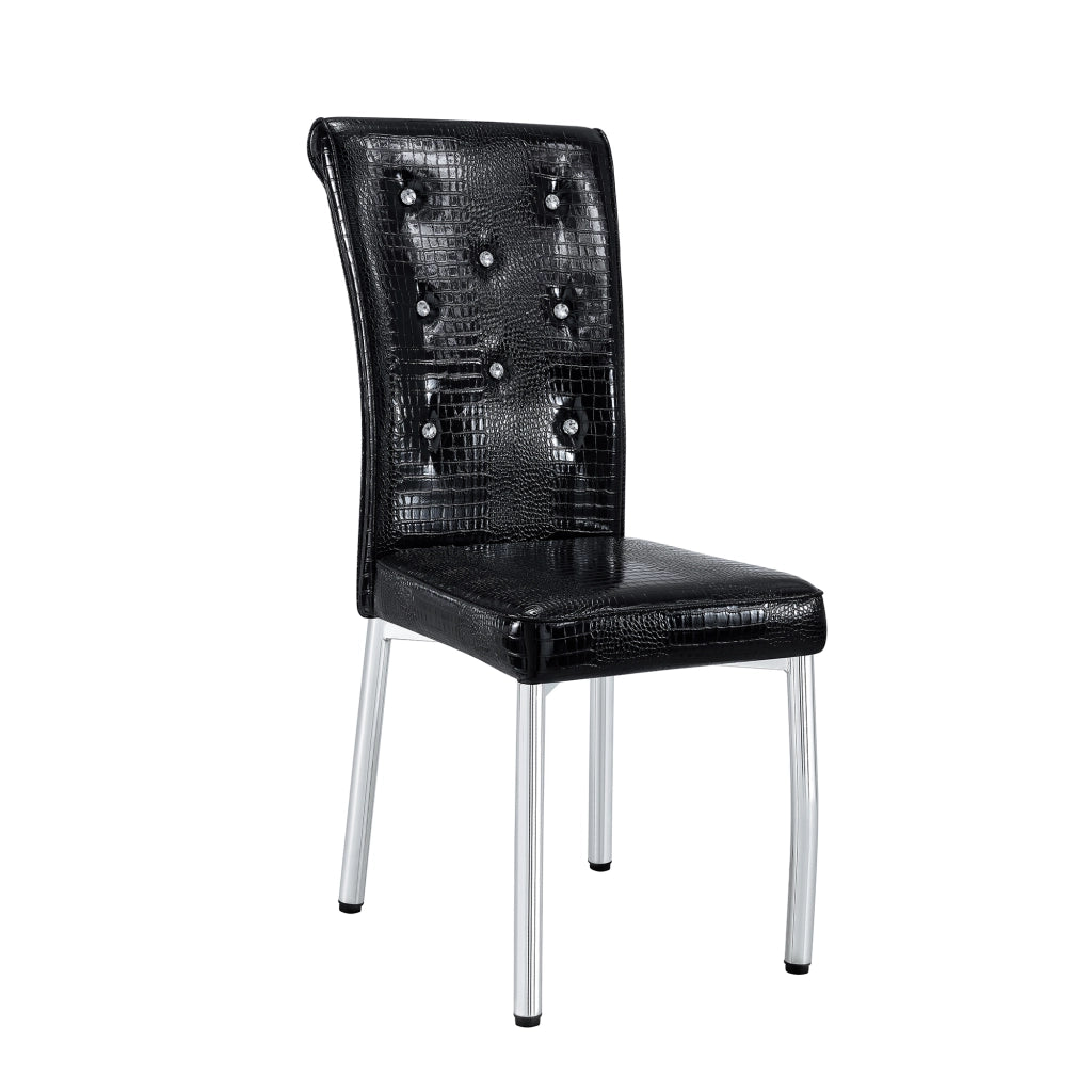 Sedie da pranzo, 2 pezzi in finta pelle effetto alligatore con bottoni in cristallo e gambe in metallo galvanizzato nero, 76 × 49,5 × 46 cm