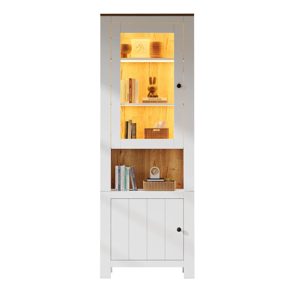 Vetrina alta con LED 70x40x188 cm; 2 ante; in pannello truciolare bianco e vetro
