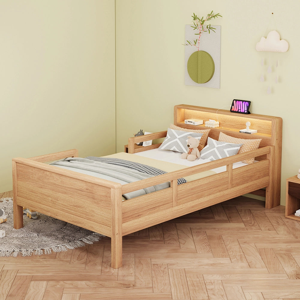 Letto bambino-Xylo-90x200 cm-USB-C, LED, testiera contenitore, legno pino