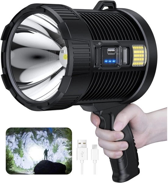 Lanterna a batteria - 100.000 lumen - torcia - grande spot esterno super luminoso a energia solare - con luce Cob - 6 modalità - IPX5 impermeabile all'acqua - nero