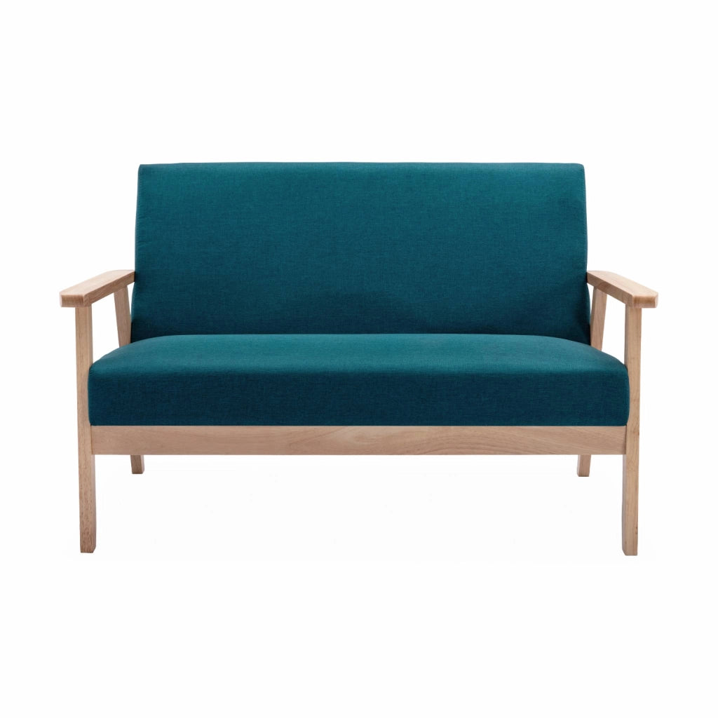 Set panca e poltrona in legno e tessuto, 3 posti, blu smeraldo