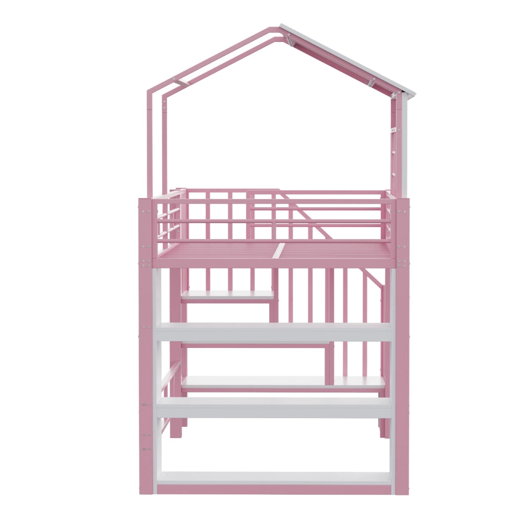 DESMIU Litto mezzanino bambino 90 × 200 cm 1 posto con scala contenitore e scaffali, senza materasso, in metallo, rosa