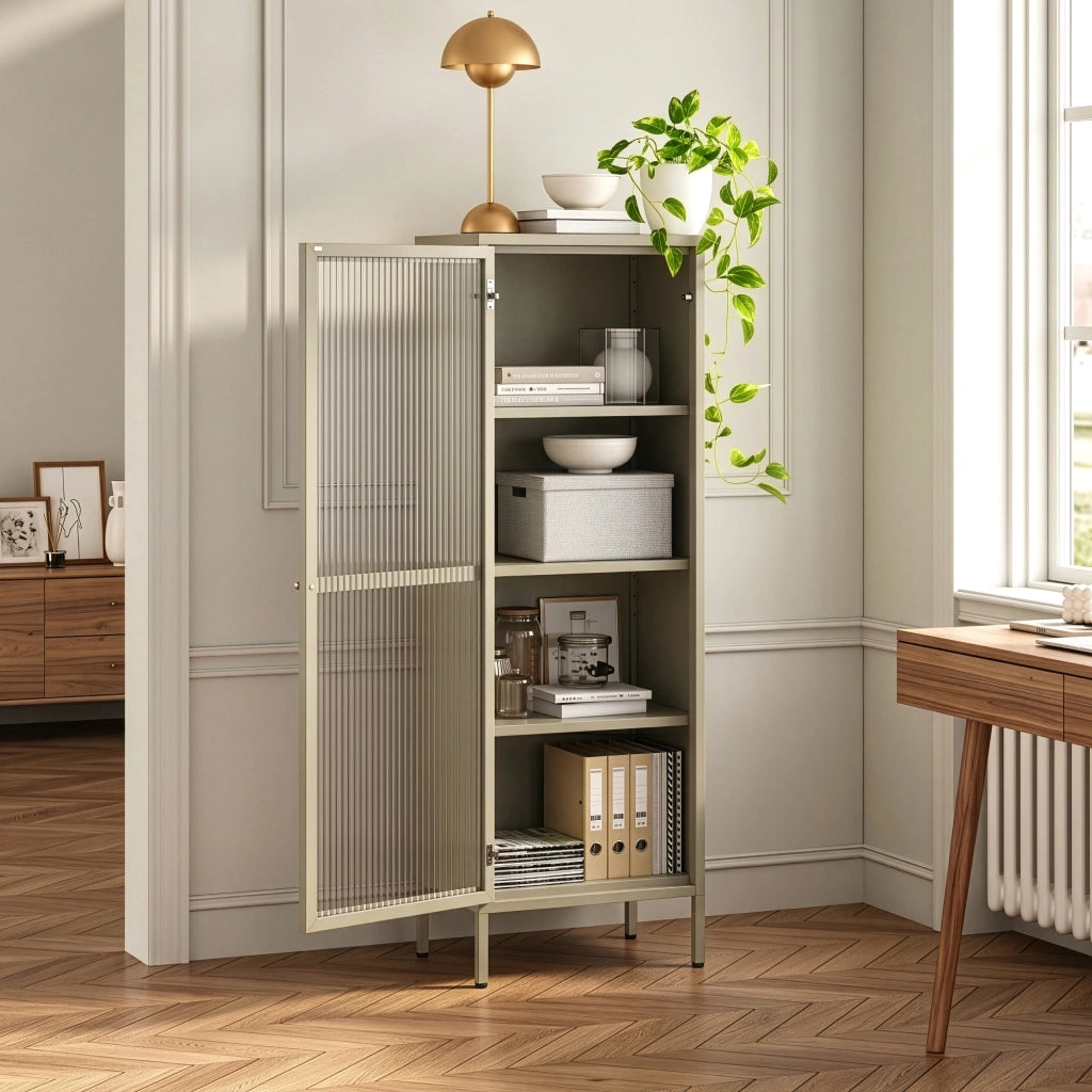 Armadio a Vetrata Säkylä con 4 Scomparti 150 x 50 x 35 cm in Acciaio - Color Cammello [en.casa]