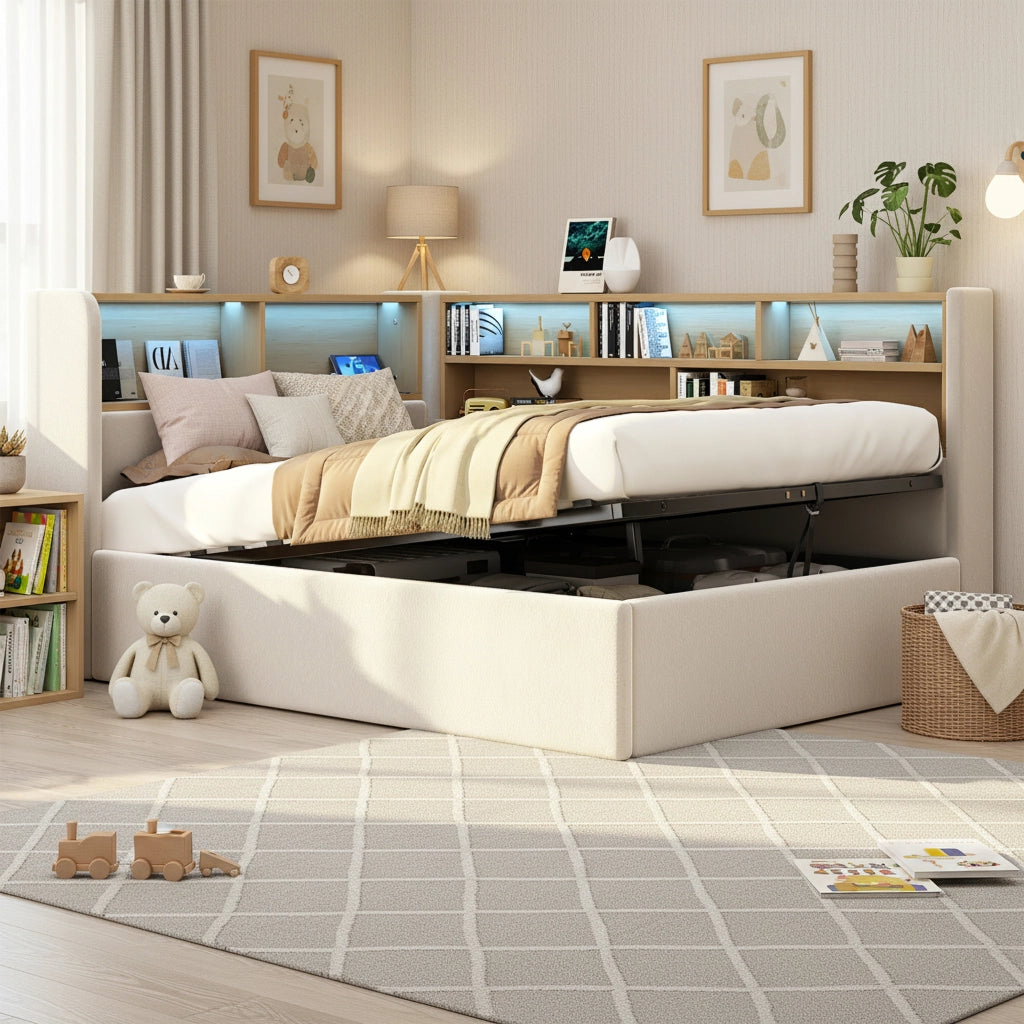 Letto Singolo 90x200 cm Contenitore; LED; USB e Type-C; Velluto Beige