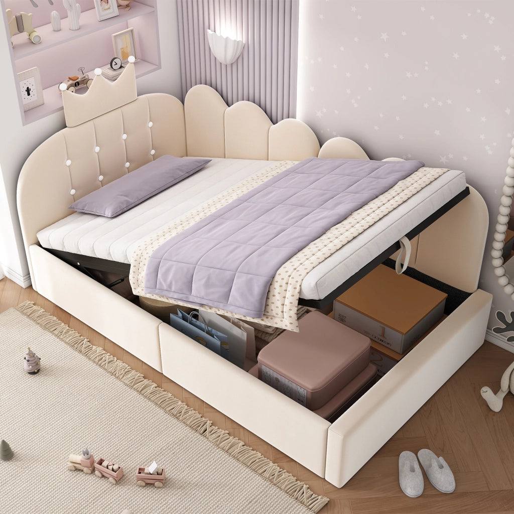 DESMIU Divano letto 90 × 200 cm con contenitore idraulico, in velluto, senza materasso, beige