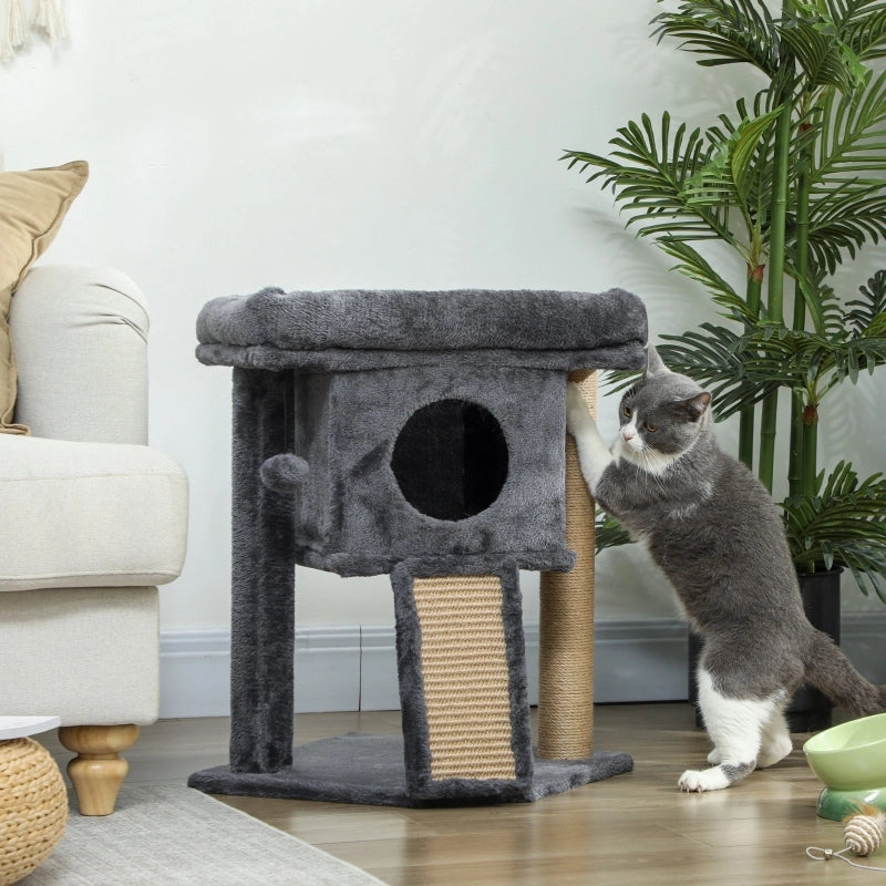 Tiragraffi per gatti con tappetino in juta, piattaforma per sdraiarsi, palla da gioco, casetta per gatti, beige, 40 x 40 x 57 cm