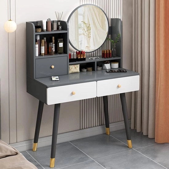 Tavolo per trucco in legno con specchio grigio - grande tavolo con 3 cassetti e 5 ripiani - pareti divisorie DIY - 80 x 40 x 125 cm