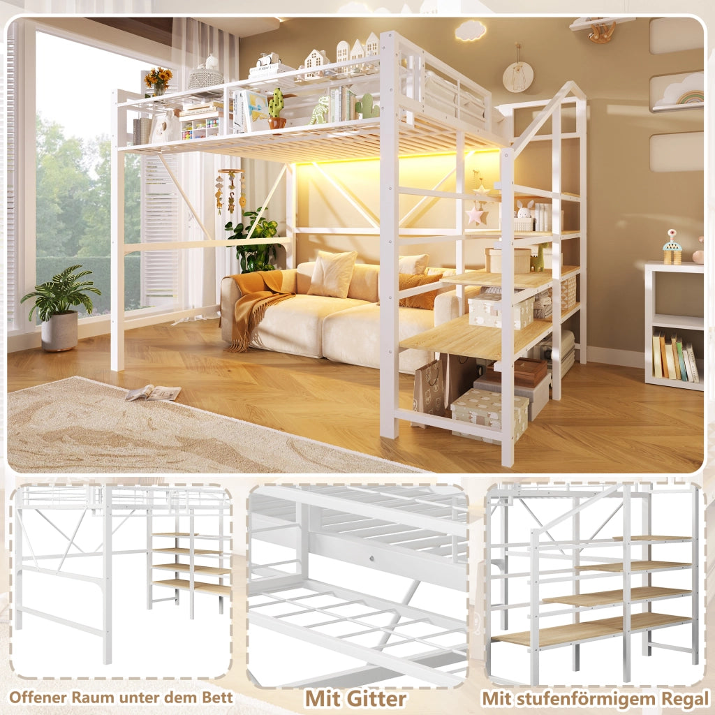 DESMIU Lit mezzanine 140 × 200 cm 2 posti con ripiani, LED, cestino portaoggetti, senza materasso, bianco