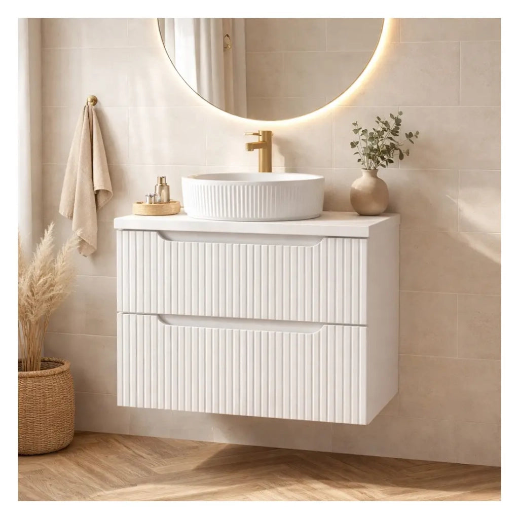 Set bagno VANO bianco 80cm: mobile sottolavabo con cassetti + piano per lavabo bianco + lavabo da appoggio scanalato bianco