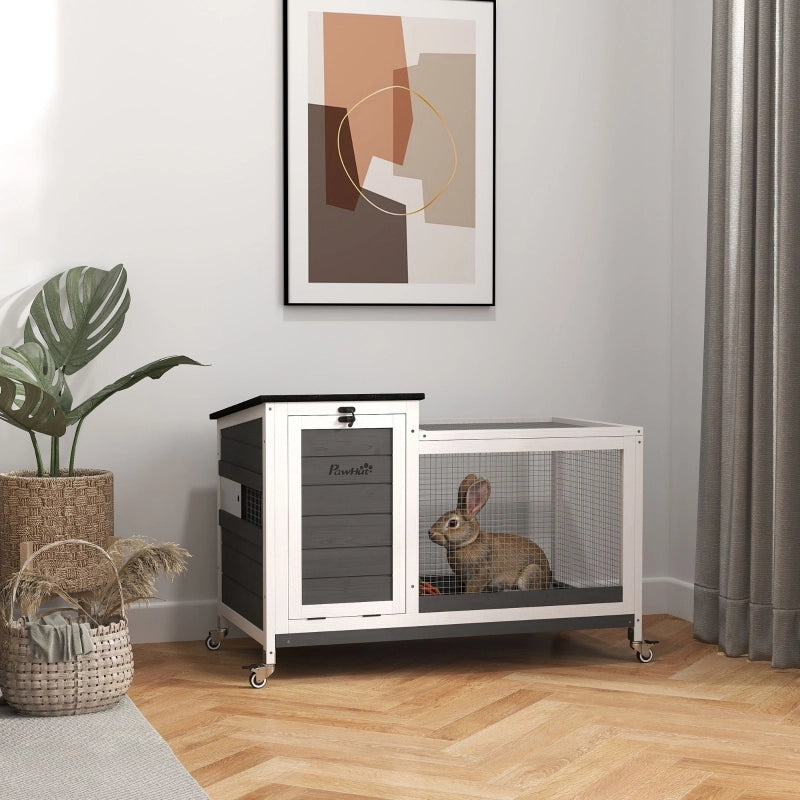 Conigliera in legno con recinto, ruote, tetto incernierato, per uso interno ed esterno, 92 x 52 x 67 cm, grigio scuro