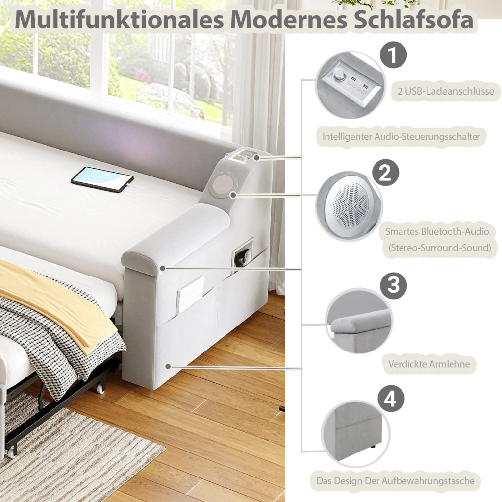 LETTO SOFA 90/190 cm Grigio in velluto con armlehnen Bluetooth, USB e ripiani