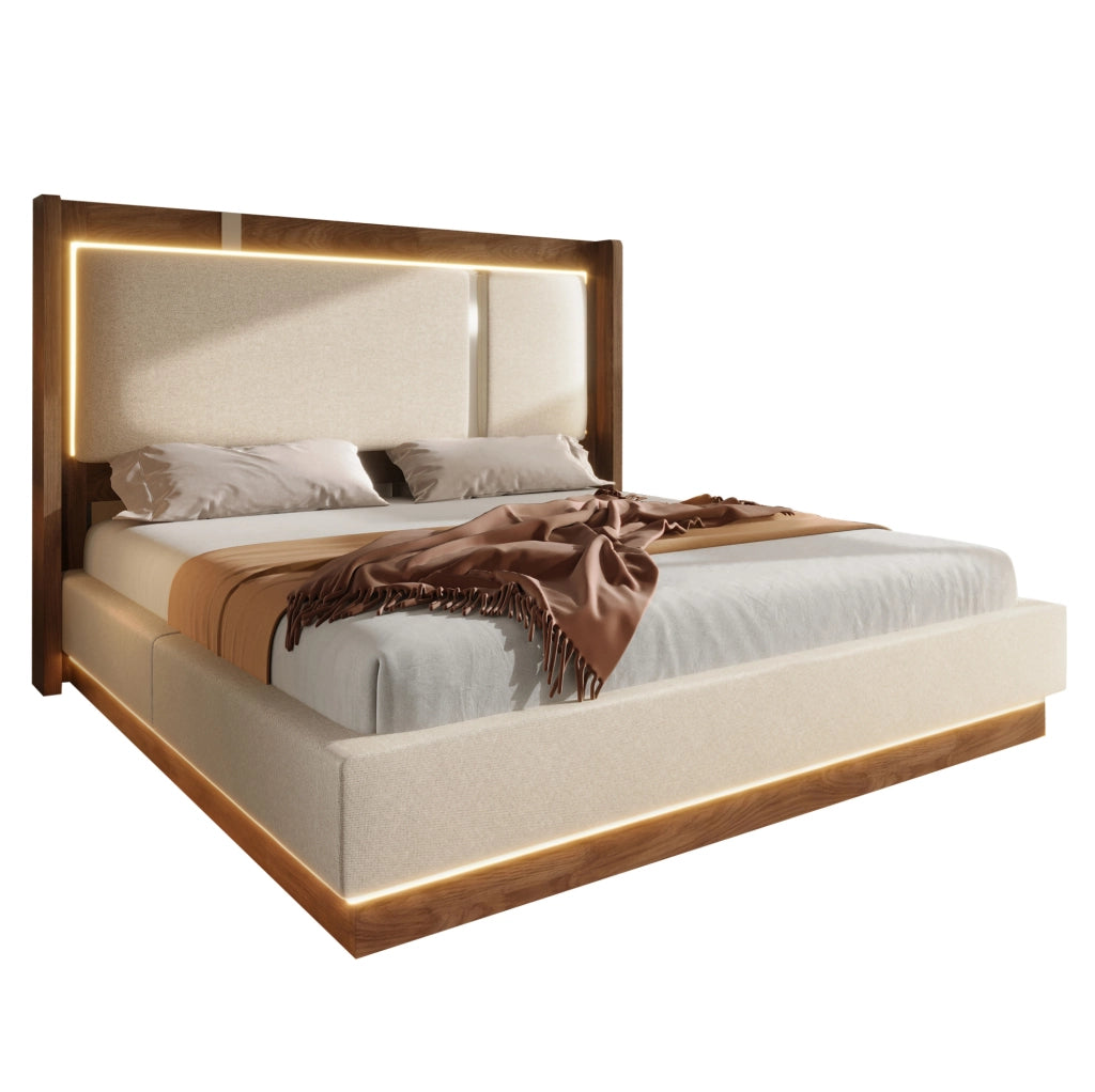 Letto imbottito 140x200 con LED integrato e vano contenitore