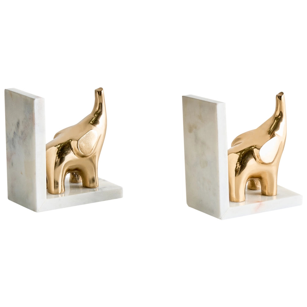 Set di 2 fermalibri moderni e glamour Decorazione per la casa Animali Elefanti Marmo Alluminio Oro Kotezi