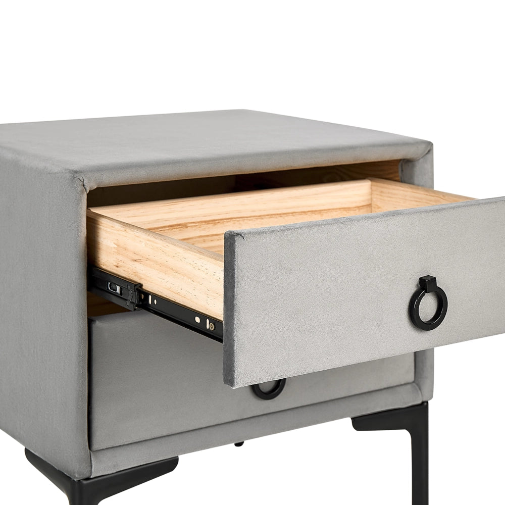 Comodino Velluto Grigio Chiaro Gambe in Metallo Nero con 2 Cassetti Contenitori 44x 38 cm Comodino