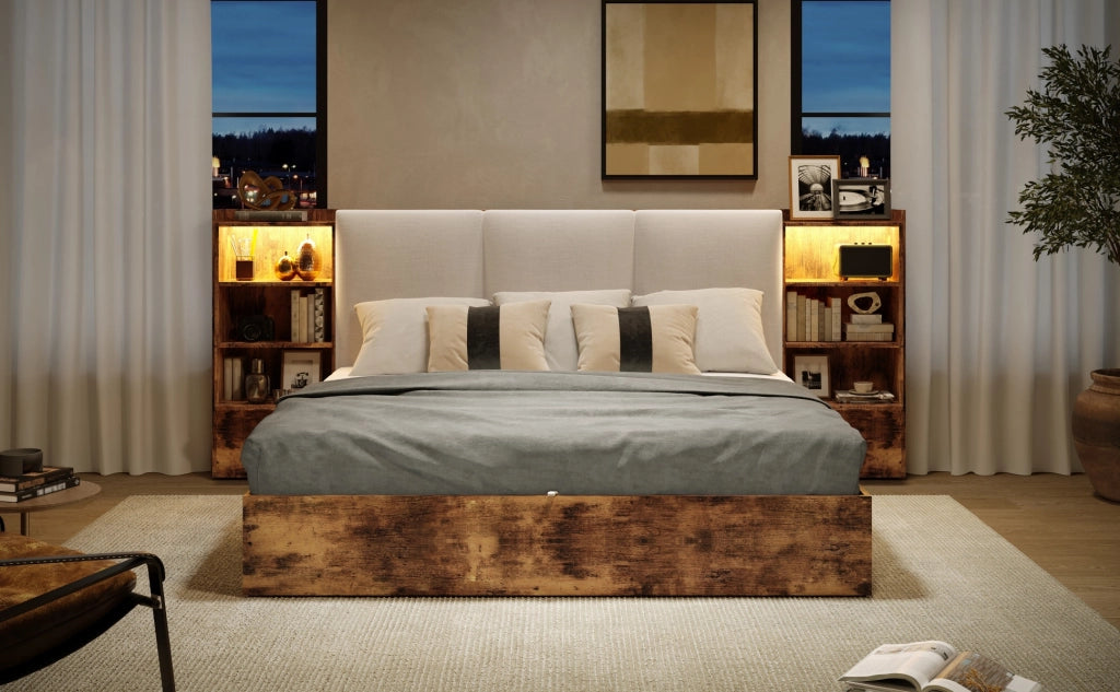 DESMIU Lit coffre 180 × 200 cm 2 posti con LED, 6 vani, testiera imbottita, senza materasso, marrone