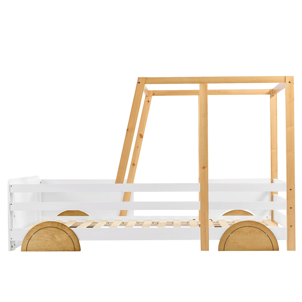DESMIU Letto per bambini 1 posto con sponde, forma auto e struttura superiore, 90 × 200 cm, senza materasso, bianco