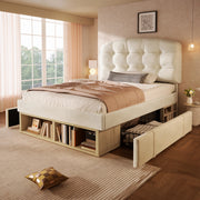 Letto Singolo Imbottito con Cassetti ¨C MINIMAL ¨C Velluto Beige, Testiera Regolabile, 90x200