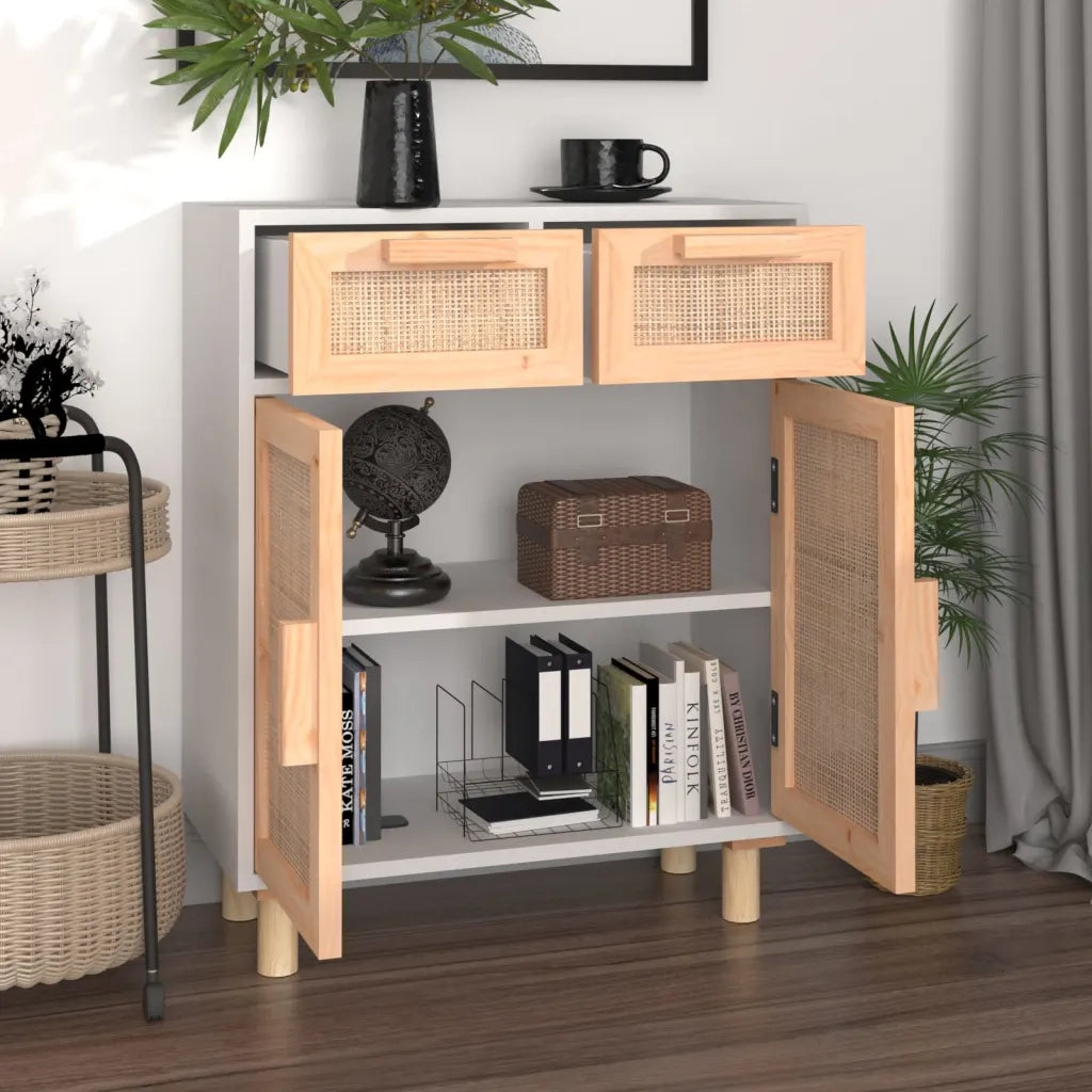 Credenza | Madia | Buffet da pranzo | Armadio da pranzo Bianca 60x30x75 cm Legno Massello Pino Rattan Naturale