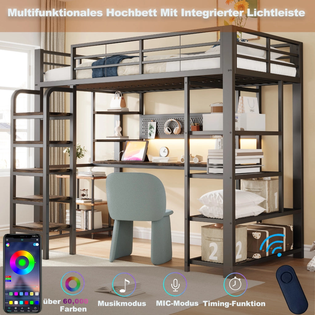DESMIU Letto a soppalco 90 × 200 cm 1 piazza con scrivania, LED, prese e ripiani, senza materasso, in metallo, nero