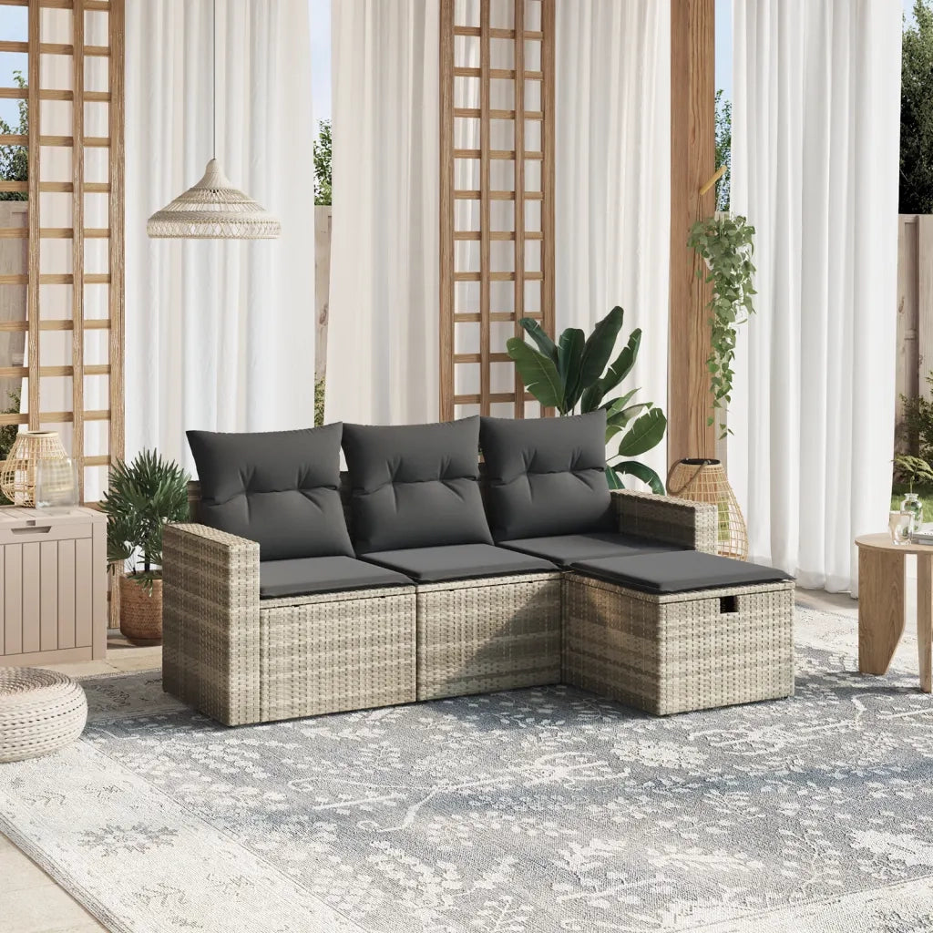 Set Divano da Giardino 4pz con Cuscini Grigio Chiaro Polyrattan
