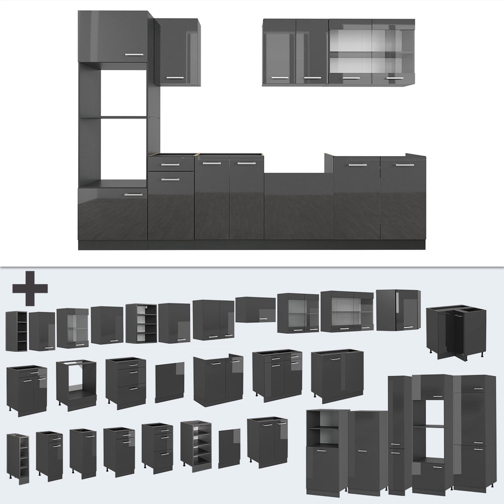 Cucina componibile R-Line Antracite lucido/Antracite 300 cm con armadio alto, PL Antracite Vicco