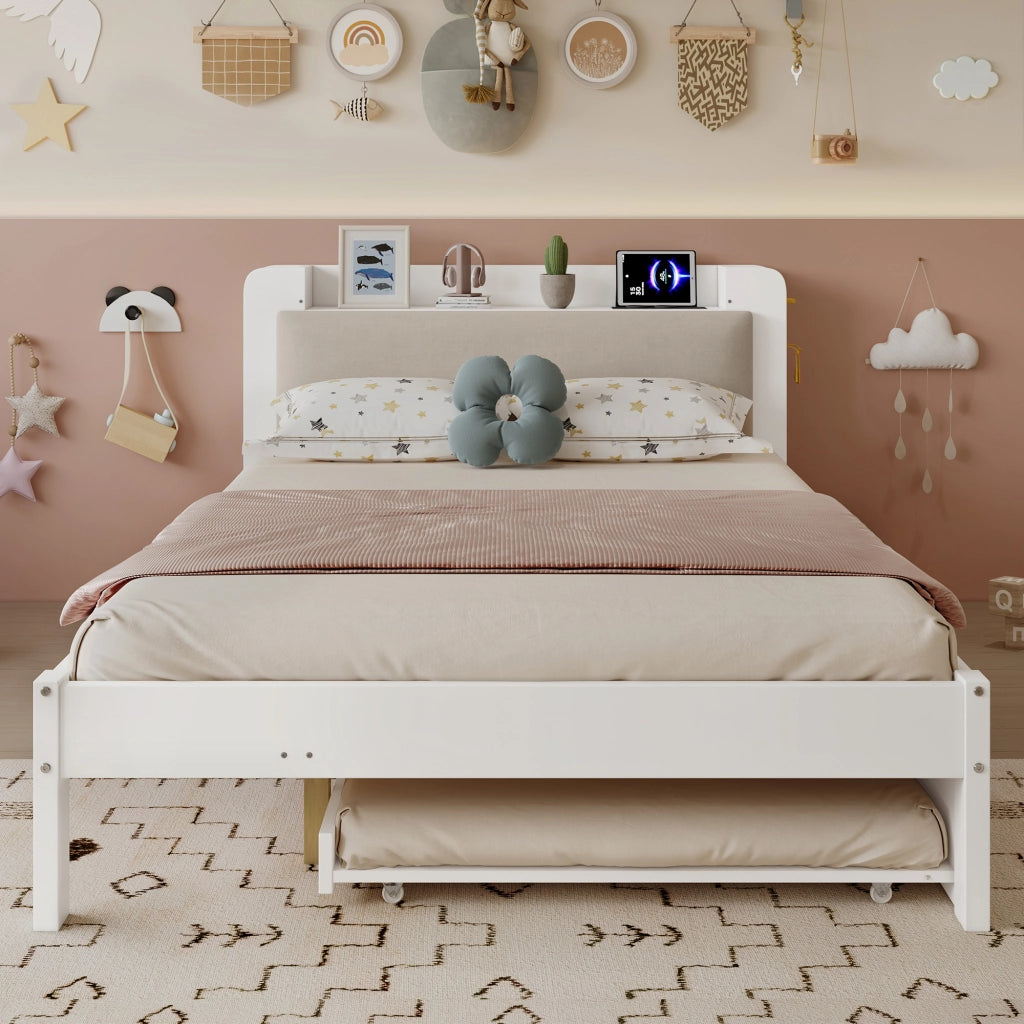 Letto funzionale 120x200 cm bianco con letto estraibile 90x190 cm, testiera imbottita e stazione di ricarica