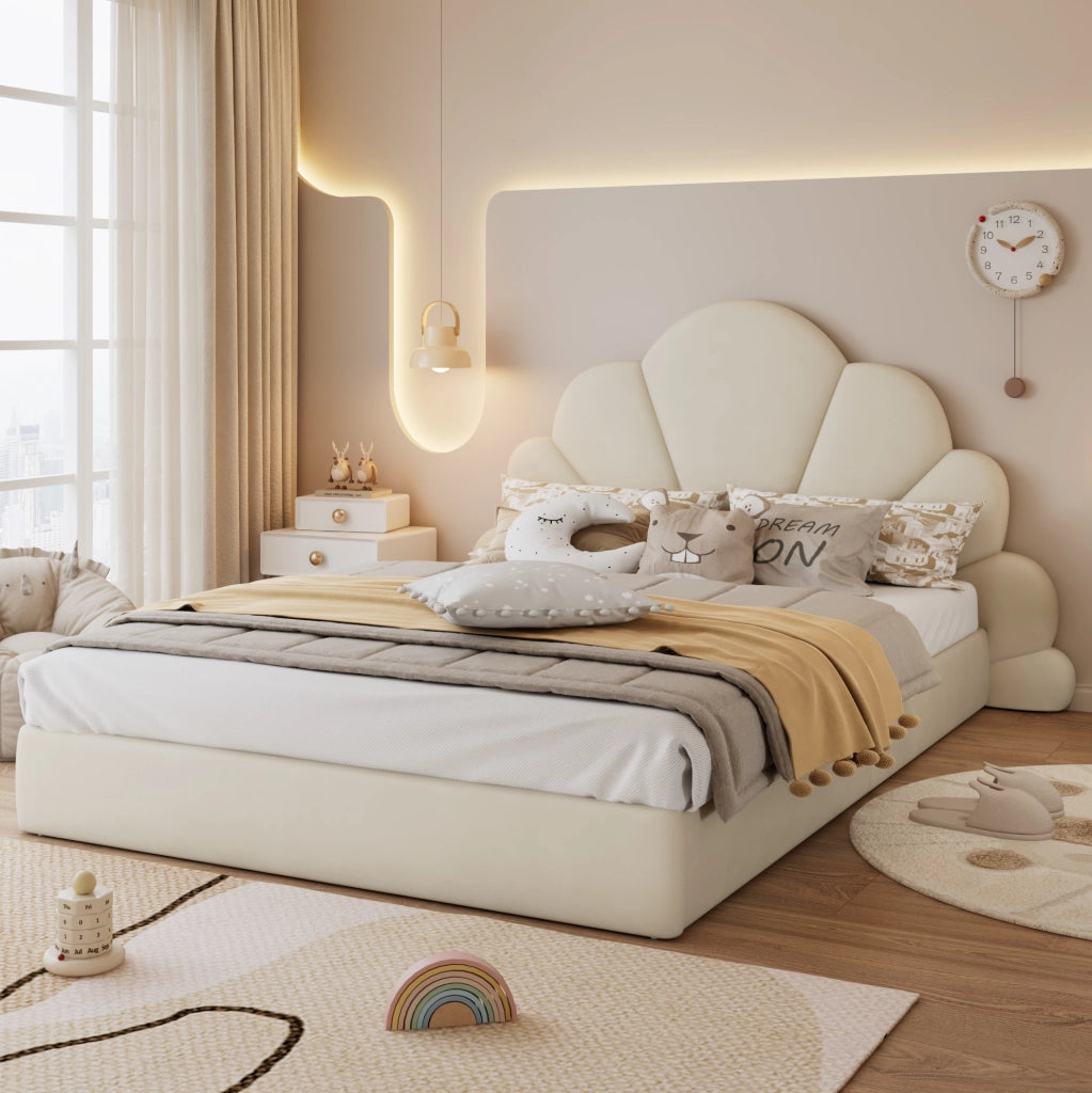 Letto imbottito 140x200 cm con testiera floreale in velluto beige