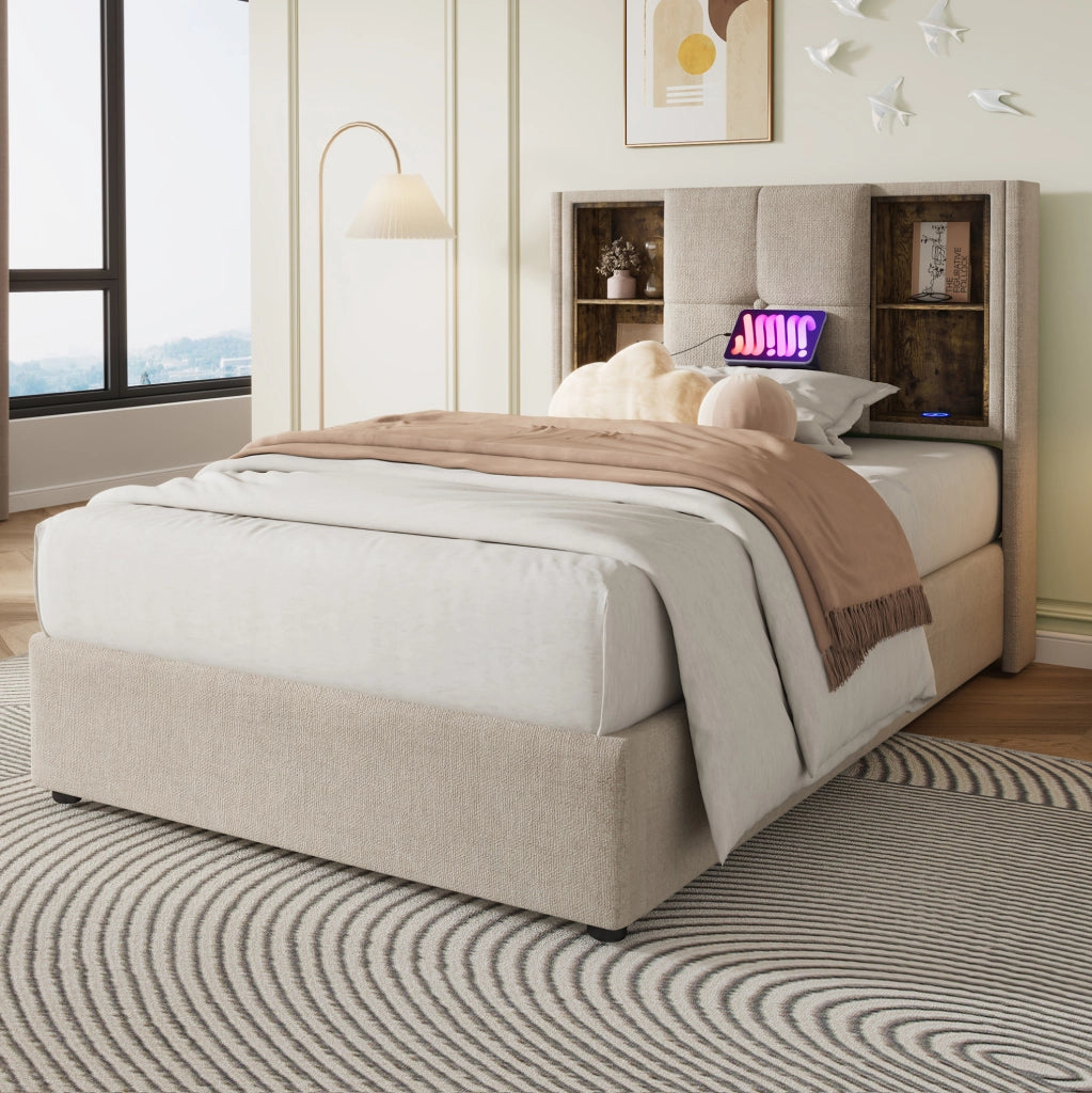 Letto imbottito 90x200 cm con ricarica wireless, USB e ampio contenitore