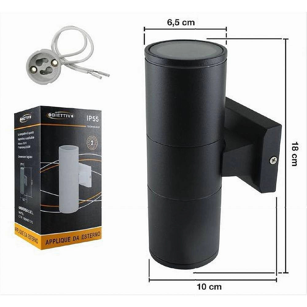 Trade Shop - Applique Doppia Emissione A Parete Giardino Esterno Ip55 Portalampada Gu10 Es01 - Nero