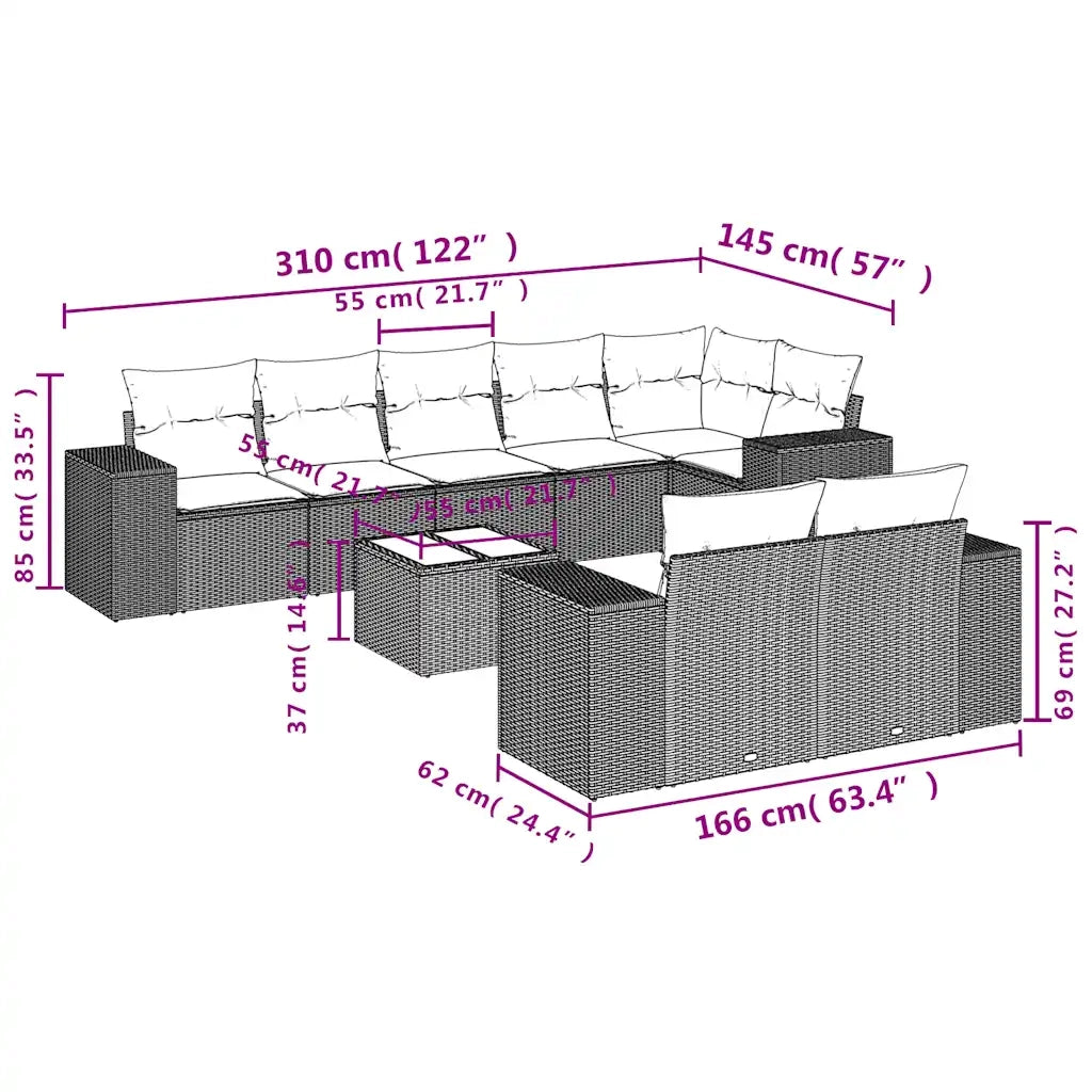 Set Divani da Giardino 9pz con Cuscini Marrone in Polyrattan