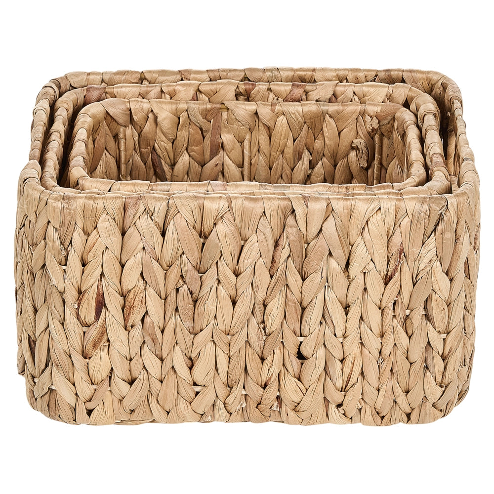 Set di 3 cestini portaoggetti in giacinto d'acqua chiaro fatti a mano maniglie scaffali design boho