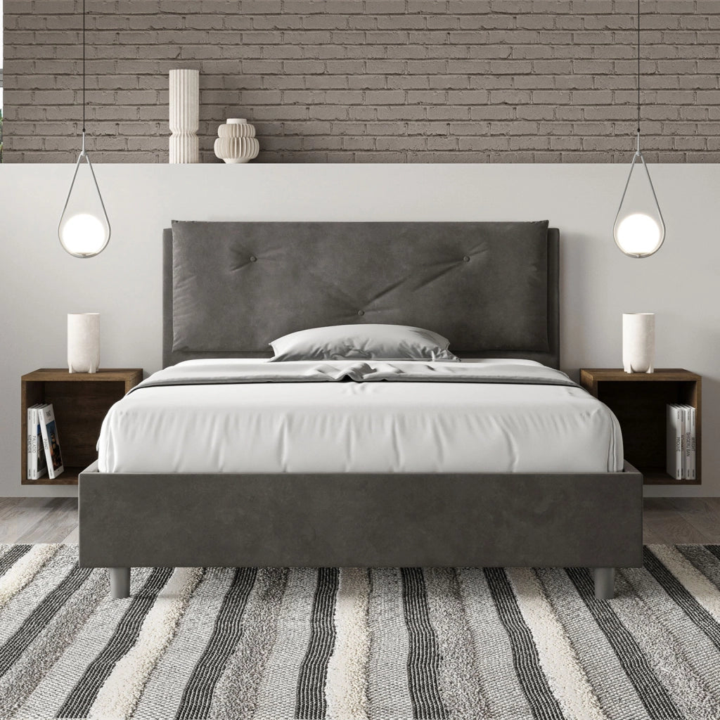 BS COM Letto matrimoniale francese con rete imbottito 140x190 microfibra grigio Large