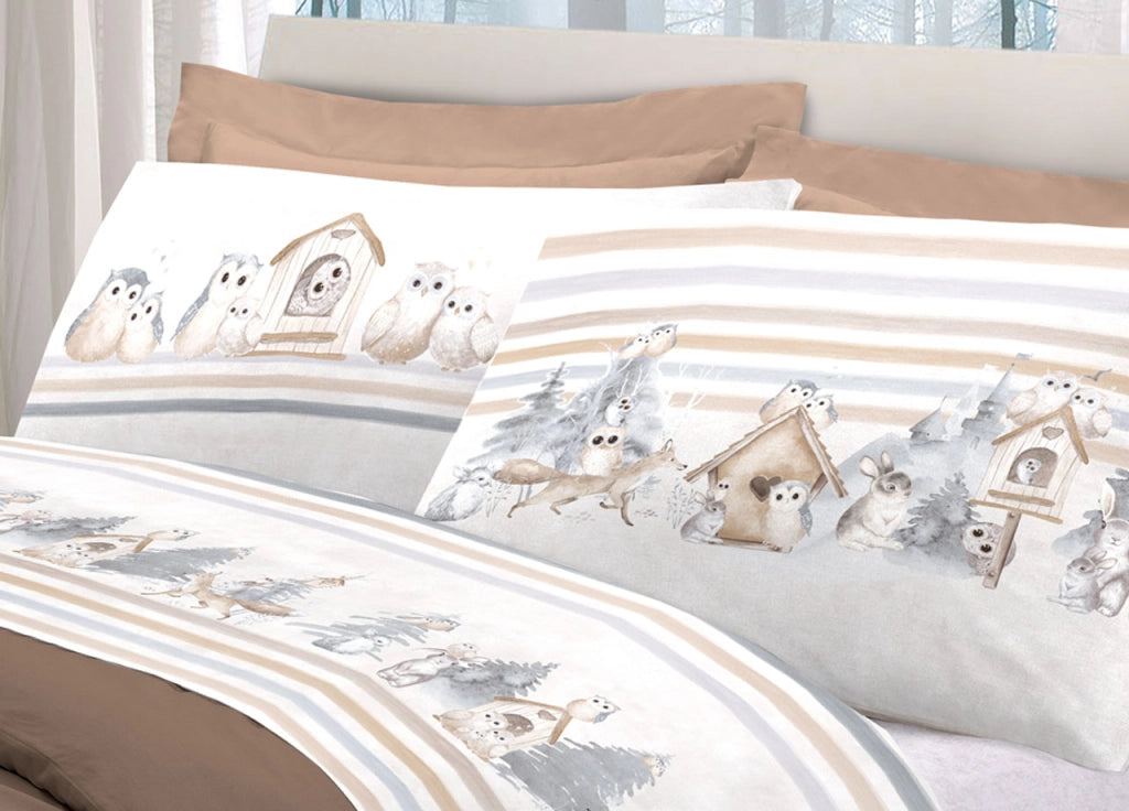 Completo Lenzuola Letto Pensieri Delicati 100% Cotone Disegno Gufi - Piazza E Mezza - Beige