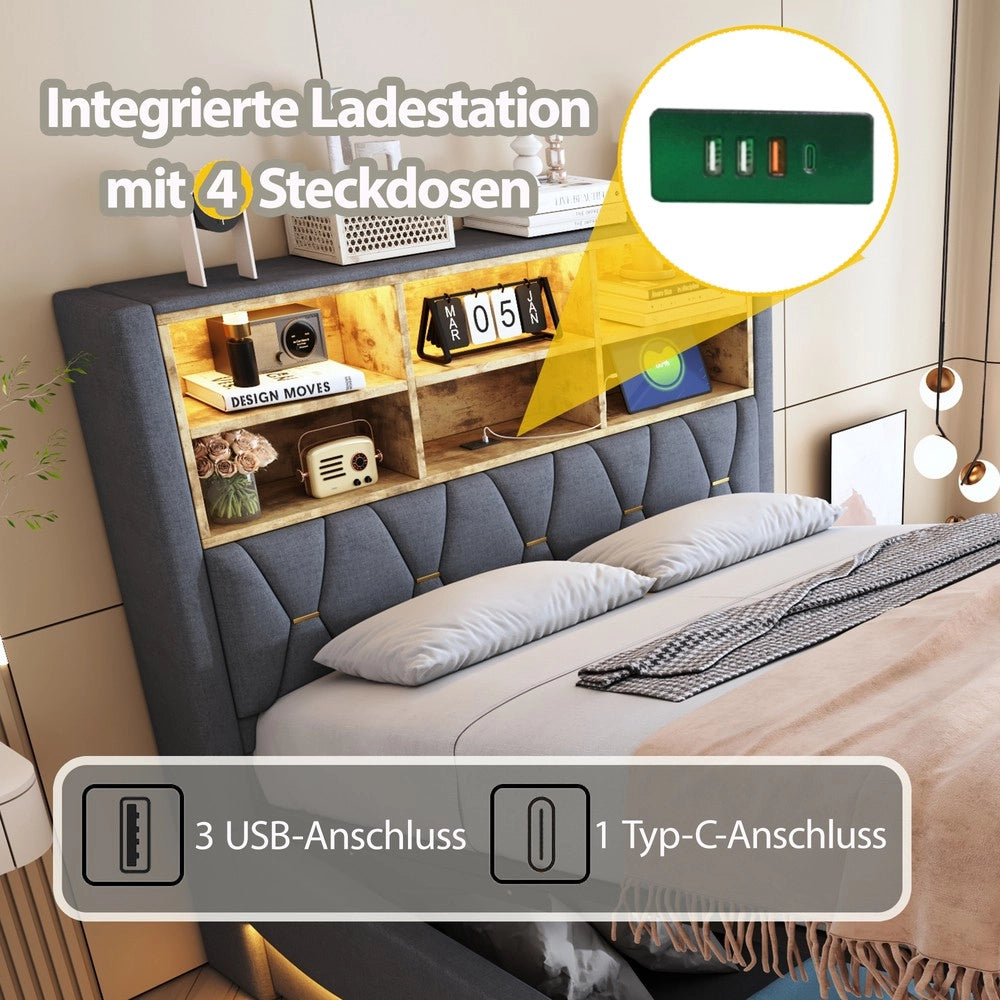 Letto Contenitore Imbottito 140x200 ¨C MINIMAL ¨C Grigio, LED, USB, Idraulico, Metallo