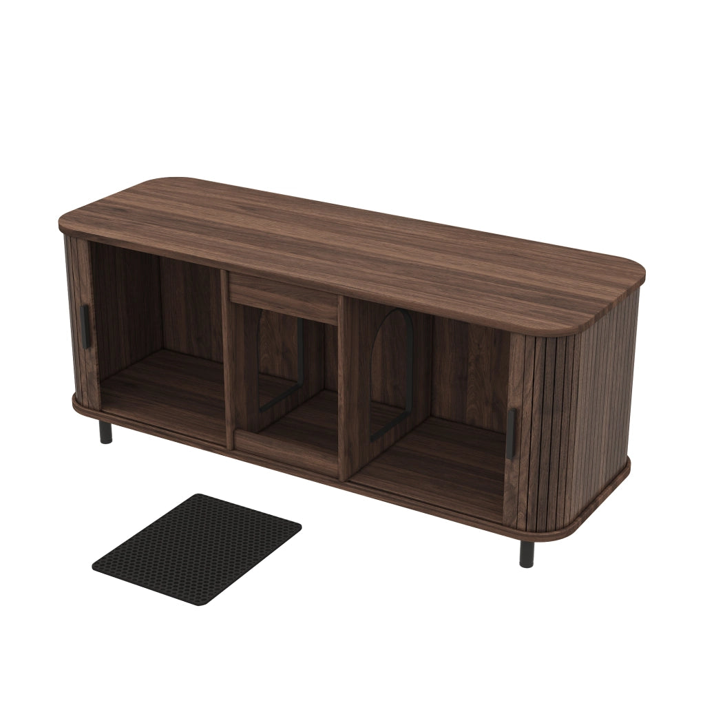 Mobile Lettiera per 2 Gatti 140×50×60 cm con 2 Porte Scorrevoli; Tappetino Raccogli Sabbia e Piedini in Metallo