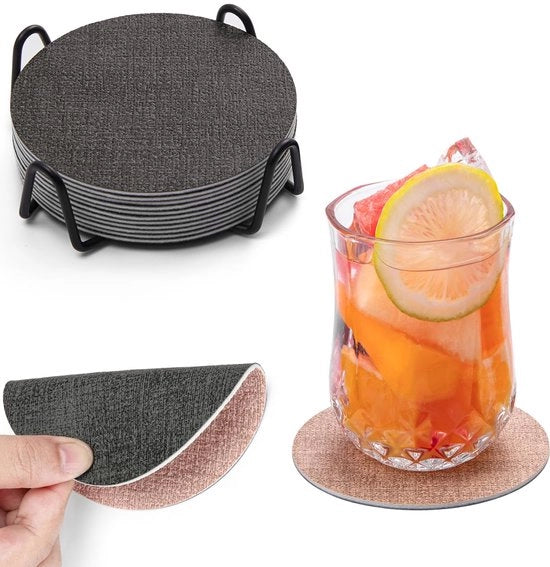 Set di Sottopiedini in Pelle per Vetrini da 12, Sottopiedini in Pelle Doppia Faccia Ronde con Antisfregio, Sottopiedini per Vetrini Lavabili per Bevande in Pelle di Qualità, Set di Sottopiedini (Grigio Rosa, Rondi)