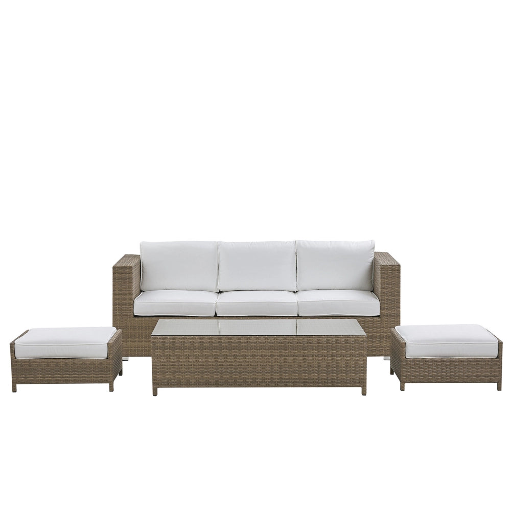 Divano da esterno Set divano a 3 posti in rattan sintetico marrone con tavolo e 2 cuscini bianchi ottomani